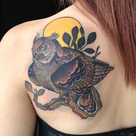 Gary Dunn - Traditional color owl tattoo, Gary Dunn, Art Junkies Tattoo